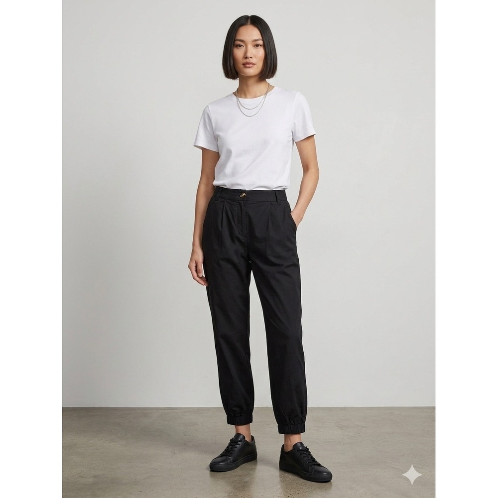 Halara Black High Waisted Pleated Jogger Pants Cotton Tapered Cuffs 02768616 L